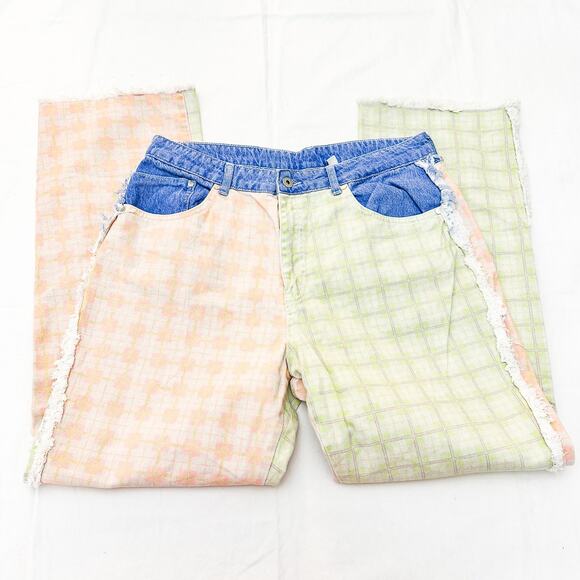 The Ragged Priest Jeans Patchwork Checkered Jeans Lime Green Salmon Blue Size 34 - Picture 4 of 9